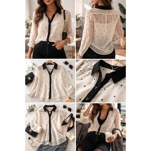 Forever 21 Essentials Polka Dot Blouse Women Large Cream Black Chic Office sheer